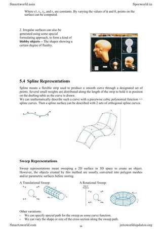 Where s1, rx, ry, and rx are constants. By varying the values of and , points on the
surface can be computed.
2. Irregular surfaces can also be
generated using some special
formulating approach, to form a kind of
blobby objects -- The shapes showing a
certain degree of fluidity.
5.4 Spline Representations
Spline means a flexible strip used to produce a smooth curve through a designated set of
points. Several small weights are distributed along the length of the strip to hold it in position
on the drafting table as the curve is drawn.
We can mathematically describe such a curve with a piecewise cubic polynomial function =>
spline curves. Then a spline surface can be described with 2 sets of orthogonal spline curves.
Sweep Representations
Sweep representations mean sweeping a 2D surface in 3D space to create an object.
However, the objects created by this method are usually converted into polygon meshes
and/or parametric surfaces before storing.
A Translational Sweep: A Rotational Sweep:
Other variations:
- We can specify special path for the sweep as some curve function.
- We can vary the shape or size of the cross section along the sweep path.
Smartworld.asia Specworld.in
Smartzworld.com jntuworldupdates.org
34
 