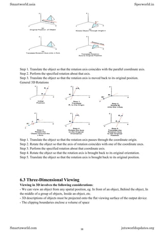 Step 1. Translate the object so that the rotation axis coincides with the parallel coordinate axis.
Step 2. Perform the specified rotation about that axis.
Step 3. Translate the object so that the rotation axis is moved back to its original position.
General 3D Rotations
Step 1. Translate the object so that the rotation axis passes through the coordinate origin.
Step 2. Rotate the object so that the axis of rotation coincides with one of the coordinate axes.
Step 3. Perform the specified rotation about that coordinate axis.
Step 4. Rotate the object so that the rotation axis is brought back to its original orientation.
Step 5. Translate the object so that the rotation axis is brought back to its original position.
6.3 Three-Dimensional Viewing
Viewing in 3D involves the following considerations:
- We can view an object from any spatial position, eg. In front of an object, Behind the object, In
the middle of a group of objects, Inside an object, etc.
- 3D descriptions of objects must be projected onto the flat viewing surface of the output device.
- The clipping boundaries enclose a volume of space
Smartworld.asia Specworld.in
Smartzworld.com jntuworldupdates.org
38
 