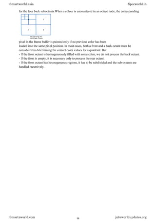 for the four back suboctants.When a colour is encountered in an octree node, the corresponding
pixel in the frame buffer is painted only if no previous color has been
loaded into the same pixel position. In most cases, both a front and a back octant must be
considered in determining the correct color values for a quadrant. But
- If the front octant is homogeneously filled with some color, we do not process the back octant.
- If the front is empty, it is necessary only to process the rear octant.
- If the front octant has heterogeneous regions, it has to be subdivided and the sub-octants are
handled recursively.
Smartworld.asia Specworld.in
Smartzworld.com jntuworldupdates.org
58
 