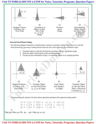 General Fixed-Point Scaling:
The following diagram illustrates a transformation sequence to produce scaling with respect to a selected
fixed position (xf , yf ) using a scaling function that can only scale relative to the coordinate origin.
1. Translate object so that the fixed point coincides with the coordinate origin.
2. Scale the object with respect to the coordinate origin.
3. Use the inverse translation of step 1 to return the object to its original position.
Concatenating the matrices for these three operations produces the required scaling matrix
or
T(xf , yf ) . S (sx , sy ) . T(– xf , – yf ) = S (xf , yf , sx , sy )
TutorialsD
uniya.com
Visit TUTORIALSDUNIYA.COM for Notes, Tutorials, Programs, Question Papers
Visit TUTORIALSDUNIYA.COM for Notes, Tutorials, Programs, Question Papers
 