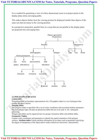 It is a method for generating a view of a three dimensional scene is to project points to the
display plane alone converging paths.
This makes objects further from the viewing position be displayed smaller than objects of the
same size that are nearer to the viewing position.
In a perspective projection, parallel lines in a scene that are not parallel to the display plane
are projected into converging lines.
2.3.POLYGON SURFACES
CONCEPT
Polygon surfaces are boundary representations for a 3D graphics object is a set of polygons that
enclose the object interior.
Polygon Tables
The polygon surface is specified with a set of vertex coordinates and associated attribute parameters.
For each polygon input, the data are placed into tables that are to be used in the subsequent
processing.
Polygon data tables can be organized into two groups: Geometric tables and attribute tables.
Geometric Tables
Contain vertex coordinates and parameters to identify the spatial orientation of the polygon
surfaces. Attribute tables Contain attribute information for an object such as parameters specifying
the degree of transparency of the object and its surface reflectivity and texture characteristics.
TutorialsD
uniya.com
Visit TUTORIALSDUNIYA.COM for Notes, Tutorials, Programs, Question Papers
Visit TUTORIALSDUNIYA.COM for Notes, Tutorials, Programs, Question Papers
 