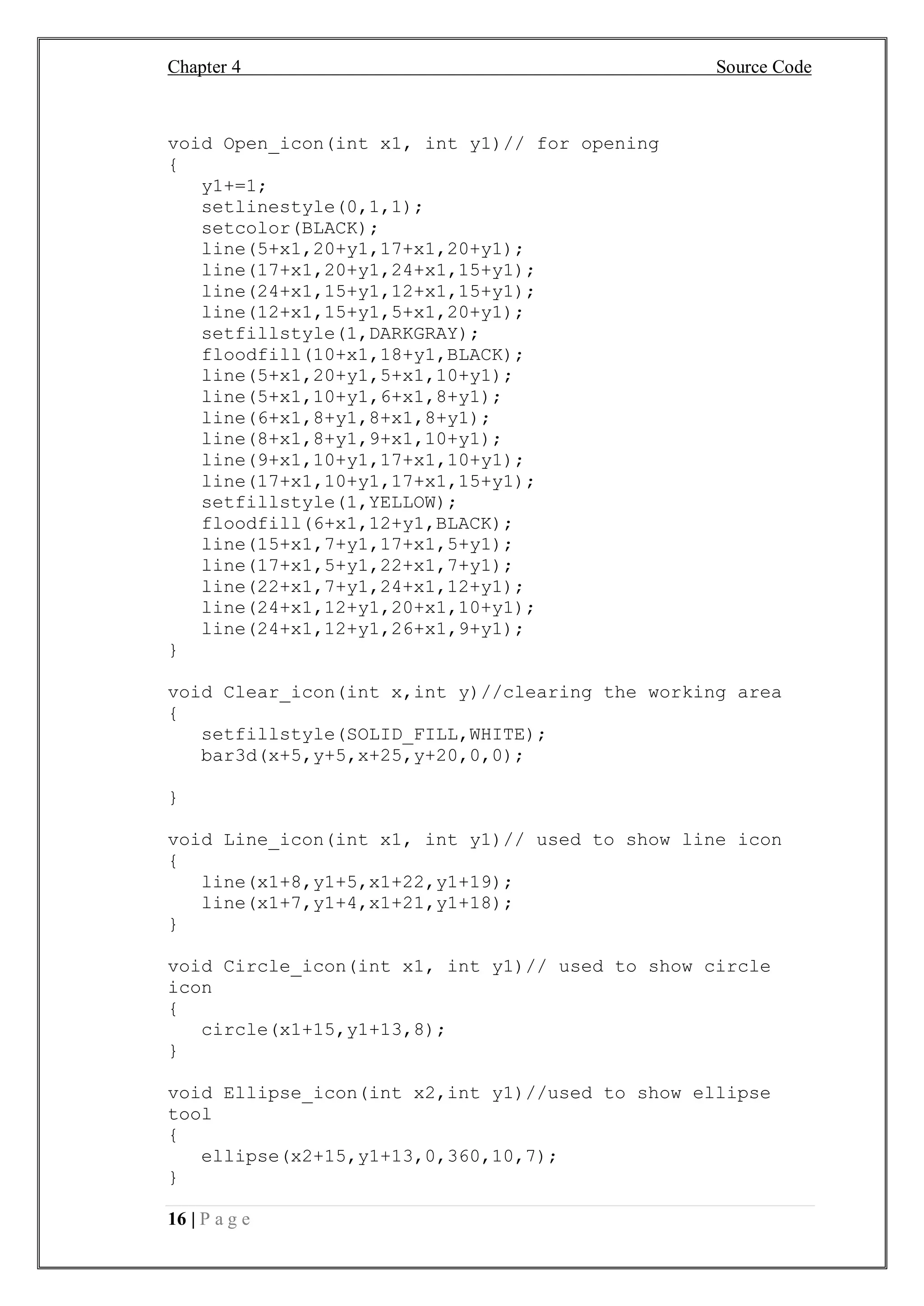 Chapter 4 Source Code
16 | P a g e
void Open_icon(int x1, int y1)// for opening
{
y1+=1;
setlinestyle(0,1,1);
setcolor(BLACK);
line(5+x1,20+y1,17+x1,20+y1);
line(17+x1,20+y1,24+x1,15+y1);
line(24+x1,15+y1,12+x1,15+y1);
line(12+x1,15+y1,5+x1,20+y1);
setfillstyle(1,DARKGRAY);
floodfill(10+x1,18+y1,BLACK);
line(5+x1,20+y1,5+x1,10+y1);
line(5+x1,10+y1,6+x1,8+y1);
line(6+x1,8+y1,8+x1,8+y1);
line(8+x1,8+y1,9+x1,10+y1);
line(9+x1,10+y1,17+x1,10+y1);
line(17+x1,10+y1,17+x1,15+y1);
setfillstyle(1,YELLOW);
floodfill(6+x1,12+y1,BLACK);
line(15+x1,7+y1,17+x1,5+y1);
line(17+x1,5+y1,22+x1,7+y1);
line(22+x1,7+y1,24+x1,12+y1);
line(24+x1,12+y1,20+x1,10+y1);
line(24+x1,12+y1,26+x1,9+y1);
}
void Clear_icon(int x,int y)//clearing the working area
{
setfillstyle(SOLID_FILL,WHITE);
bar3d(x+5,y+5,x+25,y+20,0,0);
}
void Line_icon(int x1, int y1)// used to show line icon
{
line(x1+8,y1+5,x1+22,y1+19);
line(x1+7,y1+4,x1+21,y1+18);
}
void Circle_icon(int x1, int y1)// used to show circle
icon
{
circle(x1+15,y1+13,8);
}
void Ellipse_icon(int x2,int y1)//used to show ellipse
tool
{
ellipse(x2+15,y1+13,0,360,10,7);
}
 