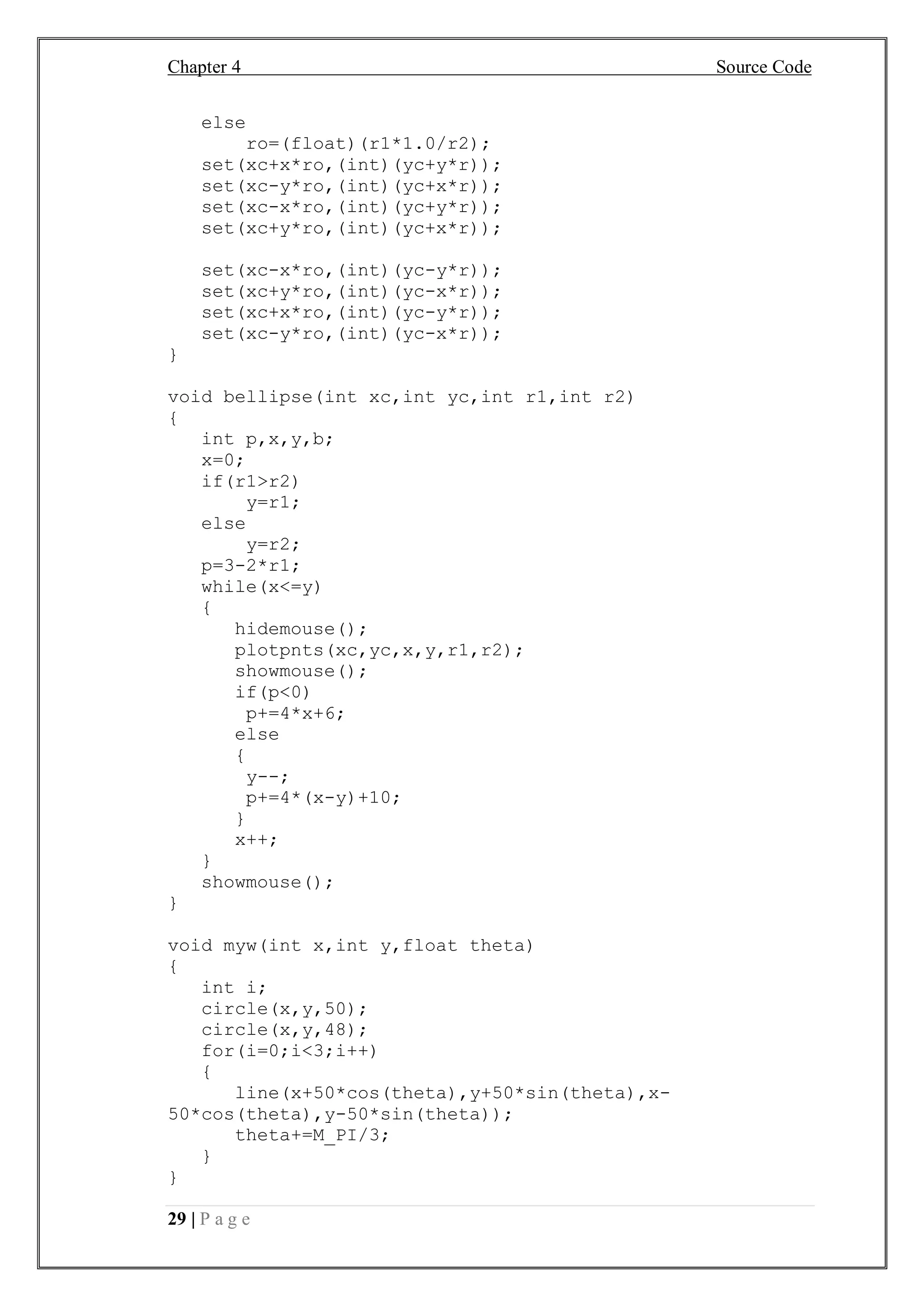 Chapter 4 Source Code
29 | P a g e
else
ro=(float)(r1*1.0/r2);
set(xc+x*ro,(int)(yc+y*r));
set(xc-y*ro,(int)(yc+x*r));
set(xc-x*ro,(int)(yc+y*r));
set(xc+y*ro,(int)(yc+x*r));
set(xc-x*ro,(int)(yc-y*r));
set(xc+y*ro,(int)(yc-x*r));
set(xc+x*ro,(int)(yc-y*r));
set(xc-y*ro,(int)(yc-x*r));
}
void bellipse(int xc,int yc,int r1,int r2)
{
int p,x,y,b;
x=0;
if(r1>r2)
y=r1;
else
y=r2;
p=3-2*r1;
while(x<=y)
{
hidemouse();
plotpnts(xc,yc,x,y,r1,r2);
showmouse();
if(p<0)
p+=4*x+6;
else
{
y--;
p+=4*(x-y)+10;
}
x++;
}
showmouse();
}
void myw(int x,int y,float theta)
{
int i;
circle(x,y,50);
circle(x,y,48);
for(i=0;i<3;i++)
{
line(x+50*cos(theta),y+50*sin(theta),x-
50*cos(theta),y-50*sin(theta));
theta+=M_PI/3;
}
}
 