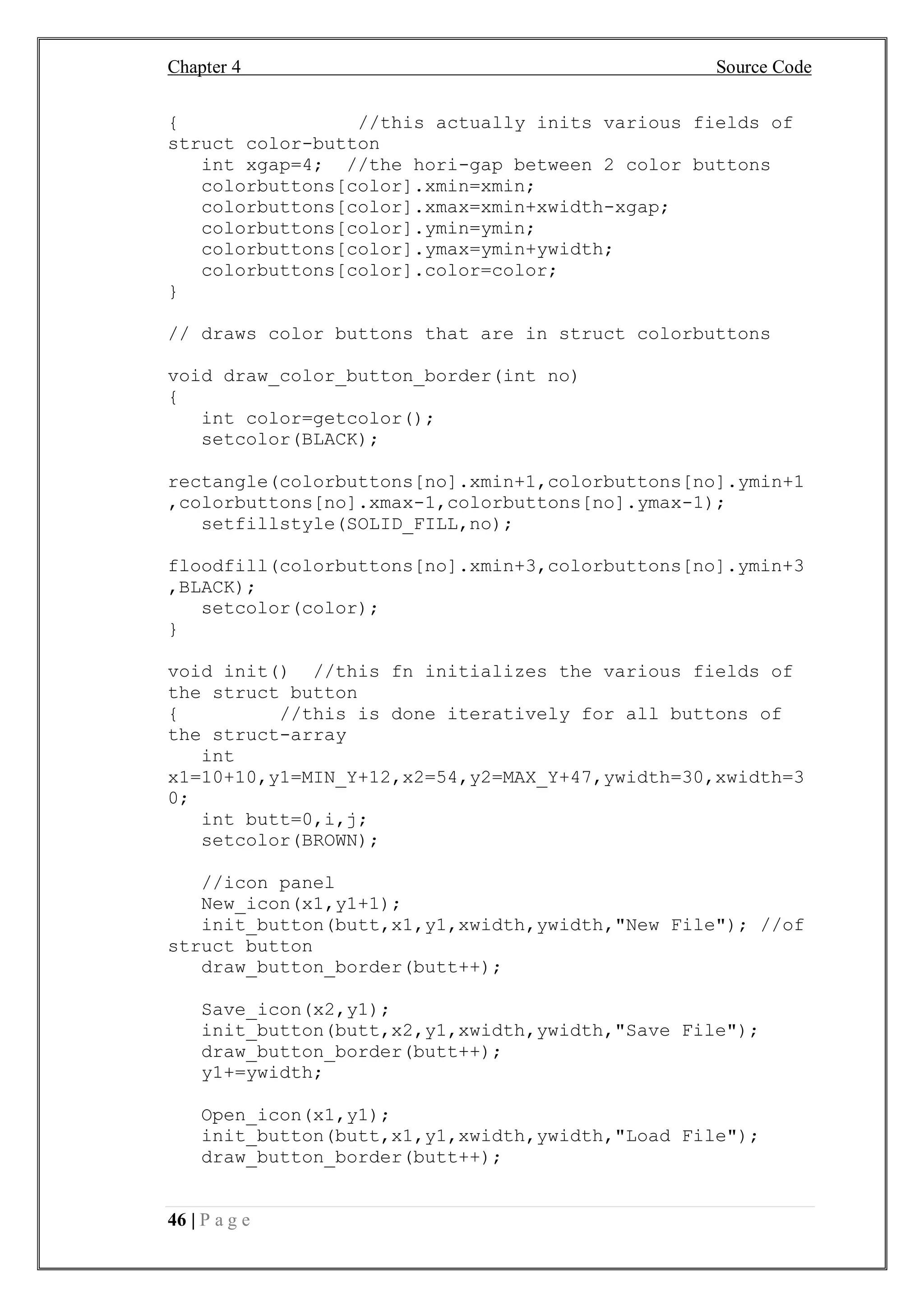 Chapter 4 Source Code
46 | P a g e
{ //this actually inits various fields of
struct color-button
int xgap=4; //the hori-gap between 2 color buttons
colorbuttons[color].xmin=xmin;
colorbuttons[color].xmax=xmin+xwidth-xgap;
colorbuttons[color].ymin=ymin;
colorbuttons[color].ymax=ymin+ywidth;
colorbuttons[color].color=color;
}
// draws color buttons that are in struct colorbuttons
void draw_color_button_border(int no)
{
int color=getcolor();
setcolor(BLACK);
rectangle(colorbuttons[no].xmin+1,colorbuttons[no].ymin+1
,colorbuttons[no].xmax-1,colorbuttons[no].ymax-1);
setfillstyle(SOLID_FILL,no);
floodfill(colorbuttons[no].xmin+3,colorbuttons[no].ymin+3
,BLACK);
setcolor(color);
}
void init() //this fn initializes the various fields of
the struct button
{ //this is done iteratively for all buttons of
the struct-array
int
x1=10+10,y1=MIN_Y+12,x2=54,y2=MAX_Y+47,ywidth=30,xwidth=3
0;
int butt=0,i,j;
setcolor(BROWN);
//icon panel
New_icon(x1,y1+1);
init_button(butt,x1,y1,xwidth,ywidth,"New File"); //of
struct button
draw_button_border(butt++);
Save_icon(x2,y1);
init_button(butt,x2,y1,xwidth,ywidth,"Save File");
draw_button_border(butt++);
y1+=ywidth;
Open_icon(x1,y1);
init_button(butt,x1,y1,xwidth,ywidth,"Load File");
draw_button_border(butt++);
 