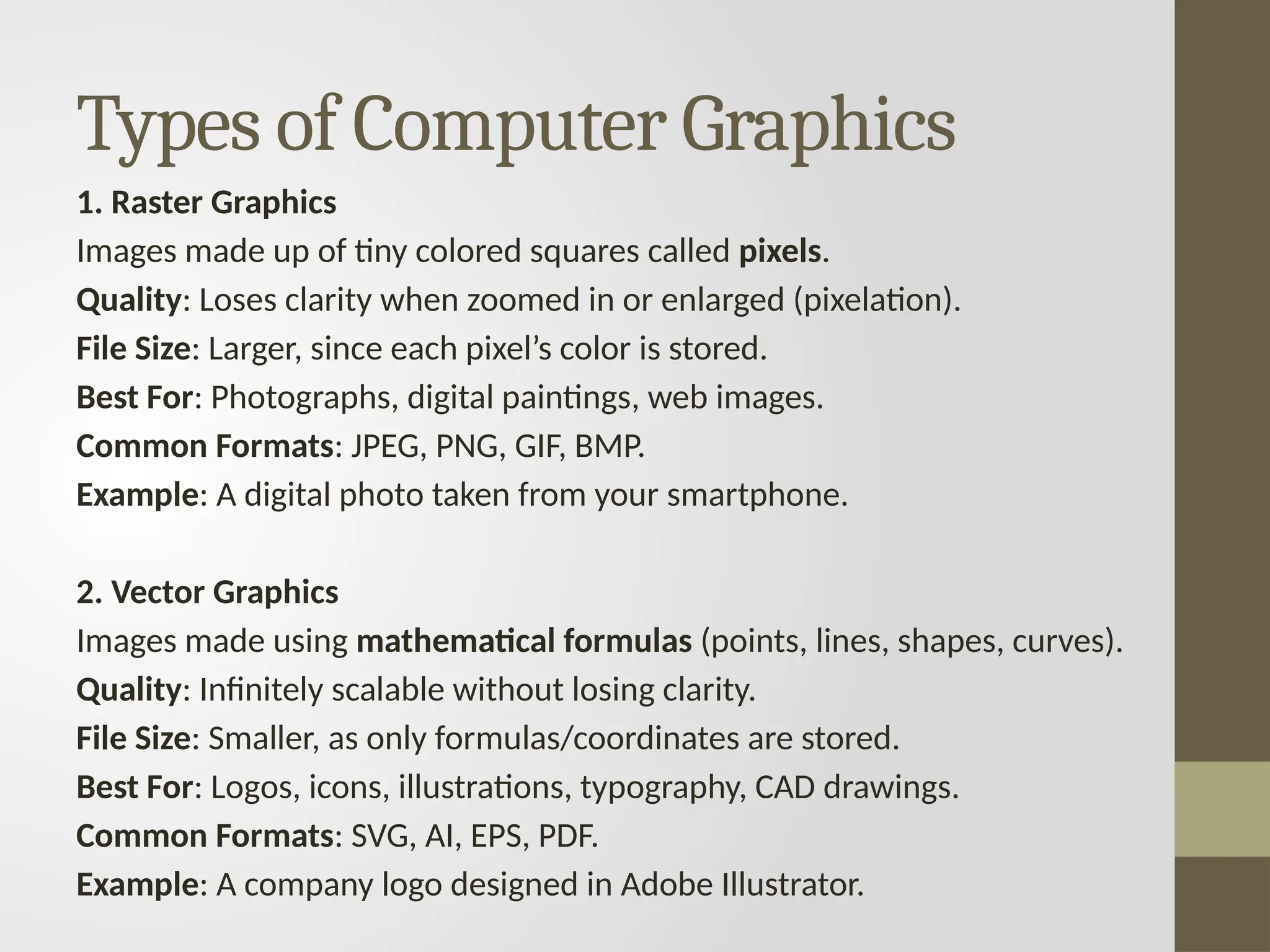 Types of Computer Graphics
1. Raster Graphics
Images made up of tiny colored squares called pixels.
Quality: Loses clarity when zoomed in or enlarged (pixelation).
File Size: Larger, since each pixel’s color is stored.
Best For: Photographs, digital paintings, web images.
Common Formats: JPEG, PNG, GIF, BMP.
Example: A digital photo taken from your smartphone.
2. Vector Graphics
Images made using mathematical formulas (points, lines, shapes, curves).
Quality: Infinitely scalable without losing clarity.
File Size: Smaller, as only formulas/coordinates are stored.
Best For: Logos, icons, illustrations, typography, CAD drawings.
Common Formats: SVG, AI, EPS, PDF.
Example: A company logo designed in Adobe Illustrator.
 