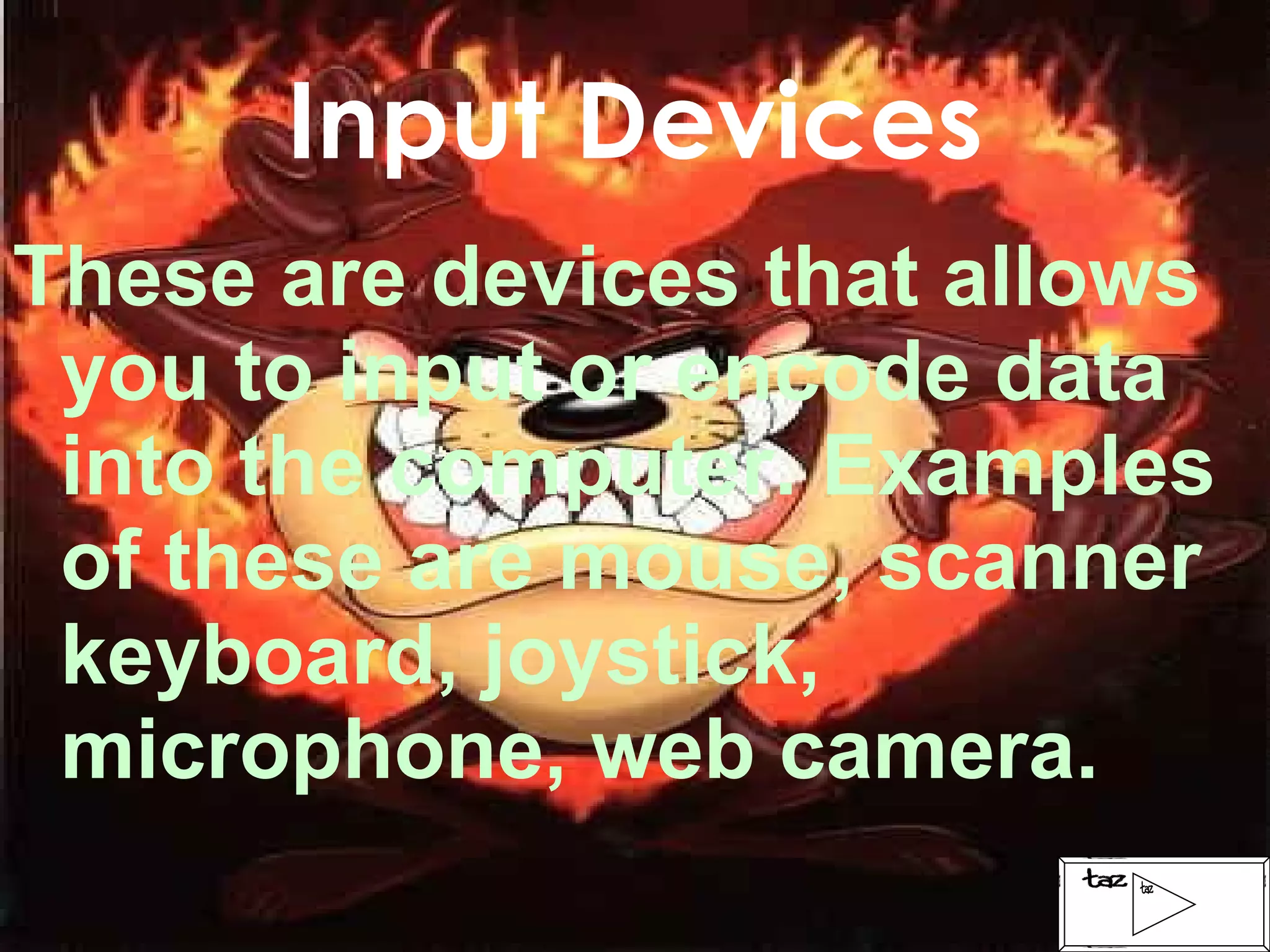 Input Devices These are devices that allows you to input or encode data into the computer. Examples of these are mouse, scanner keyboard, joystick, microphone, web camera. 