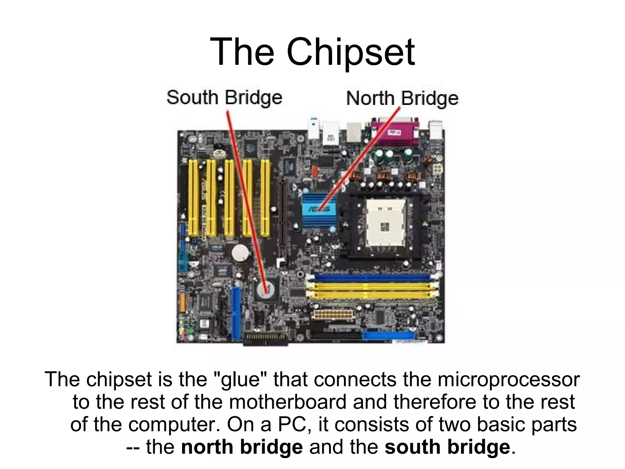The Chipset
The chipset is the "glue" that connects the microprocessor
to the rest of the motherboard and therefore to the rest
of the computer. On a PC, it consists of two basic parts
-- the north bridge and the south bridge.
 