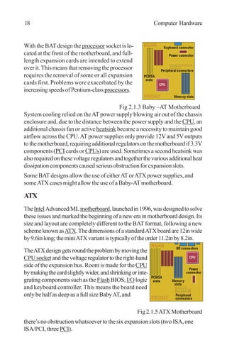 18 Computer Hardware
With the BATdesign the processor socket is lo-
cated at the front of the motherboard, and full-
length expansion cards are intended to extend
over it. This means that removing the processor
requires the removal of some or all expansion
cards first. Problems were exacerbated by the
increasingspeedsofPentium-classprocessors.
Fig 2.1.3 Baby –AT Motherboard
System cooling relied on theAT power supply blowing air out of the chassis
enclosure and, due to the distance between the power supply and the CPU, an
additional chassis fan or active heatsink became a necessity to maintain good
airflow across the CPU.ATpower supplies only provide 12Vand 5V outputs
tothemotherboard,requiringadditionalregulatorsonthemotherboardif3.3V
components (PCI cards or CPUs) are used. Sometimes a second heatsink was
alsorequiredonthesevoltageregulatorsandtogetherthevariousadditionalheat
dissipationcomponentscaused seriousobstructionforexpansionslots.
Some BATdesigns allow the use of eitherATorATX power supplies, and
someATX cases might allow the use of a Baby-ATmotherboard.
ATX
TheIntelAdvanced/MLmotherboard,launchedin1996,wasdesignedtosolve
these issues and marked the beginning of a new era in motherboard design. Its
size and layout are completely different to the BAT format, following a new
schemeknownasATX.ThedimensionsofastandardATXboardare12inwide
by9.6inlong;theminiATXvariantistypicallyoftheorder11.2inby8.2in.
TheATXdesigngetsroundtheproblembymovingthe
CPUsocketandthevoltageregulatortotheright-hand
side of the expansion bus. Room is made for the CPU
bymakingthecardslightlywider,andshrinkingorinte-
grating components such as the Flash BIOS, I/O logic
and keyboard controller. This means the board need
only be half as deep as a full size BabyAT, and
Fig 2.1.5ATX Motherboard
there’s no obstruction whatsoever to the six expansion slots (two ISA, one
ISA/PCI, three PCI).
 