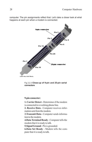 computer. The pin assignments reflect that. Let’s take a closer look at what
happens at each pin when a modem is connected.
Fig 2.2.3 Close-up of 9-pin and 25-pin serial
connectors
9-pinconnector:
1. Carrier Detect - Determines if the modem
isconnectedtoaworkingphoneline.
2. Receive Data - Computer receives infor-
mationsentfromthemodem.
3.Transmit Data - Computer sends informa-
tiontothemodem.
4.DataTerminal Ready - Computer tells the
modemthatitisreadytotalk.
5.SignalGround-Pinisgrounded.
6.Data Set Ready - Modem tells the com-
puter that it is ready to talk.
28 Computer Hardware
 