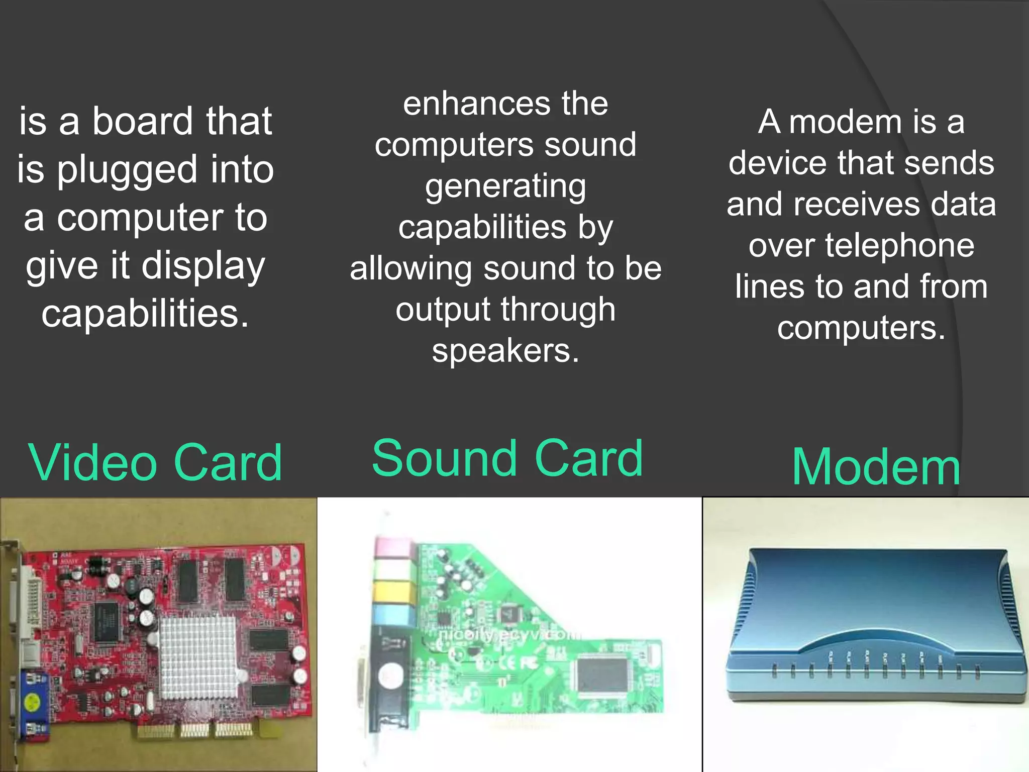 is a board that 
is plugged into 
a computer to 
give it display 
capabilities. 
enhances the 
computers sound 
generating 
capabilities by 
allowing sound to be 
output through 
speakers. 
A modem is a 
device that sends 
and receives data 
over telephone 
lines to and from 
computers. 
Video Card Sound Card Modem 
 