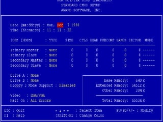 CMOS
CMOS - Complementary Metal-Oxide
Semiconductor Memory
It has the characteristics of both ROM
and RAM, ie:
it is non-volatile
information in CMOS can be changed
In computer, CMOS stores the
configuration information about a
computer like capacity of the hard disk
and the current time and date.
 