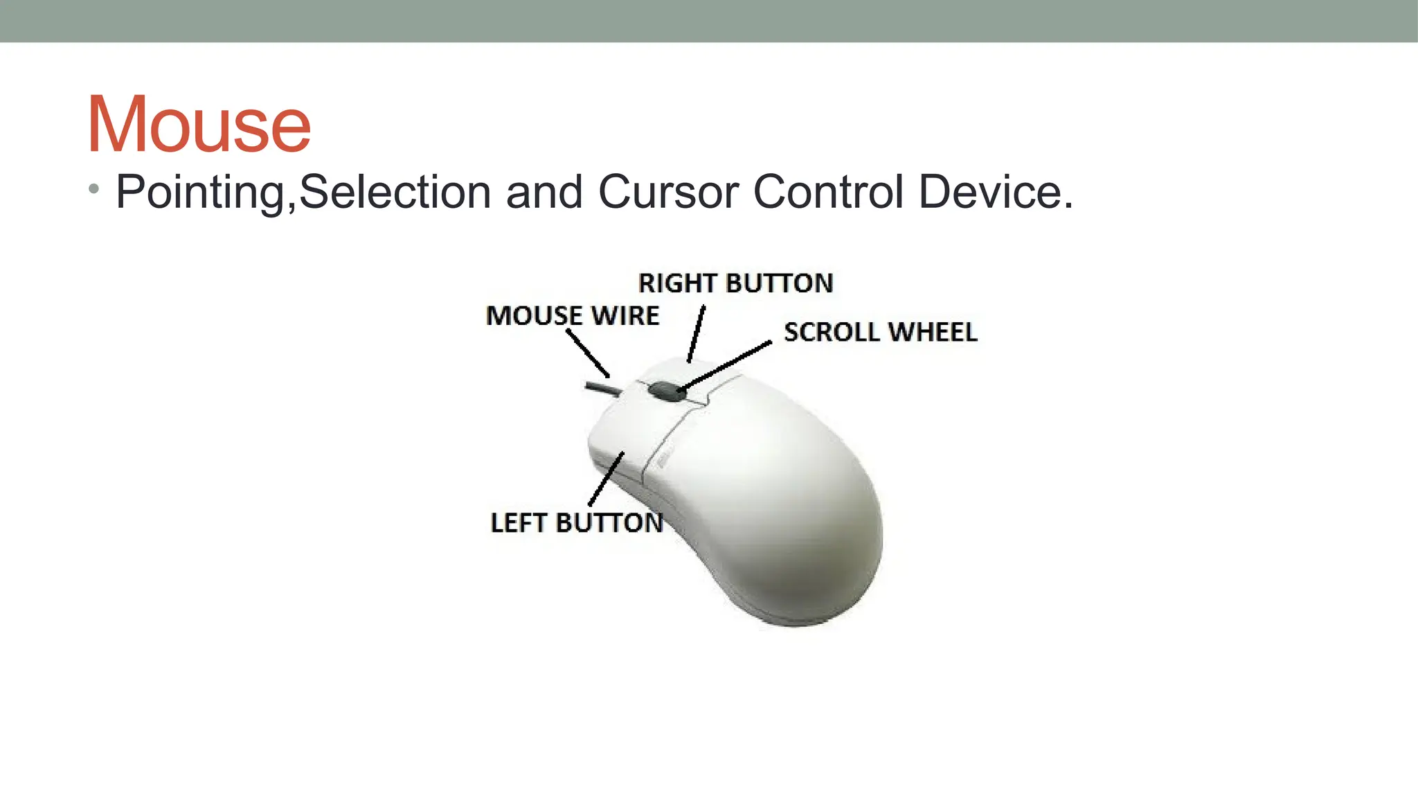 Mouse
• Pointing,Selection and Cursor Control Device.
 