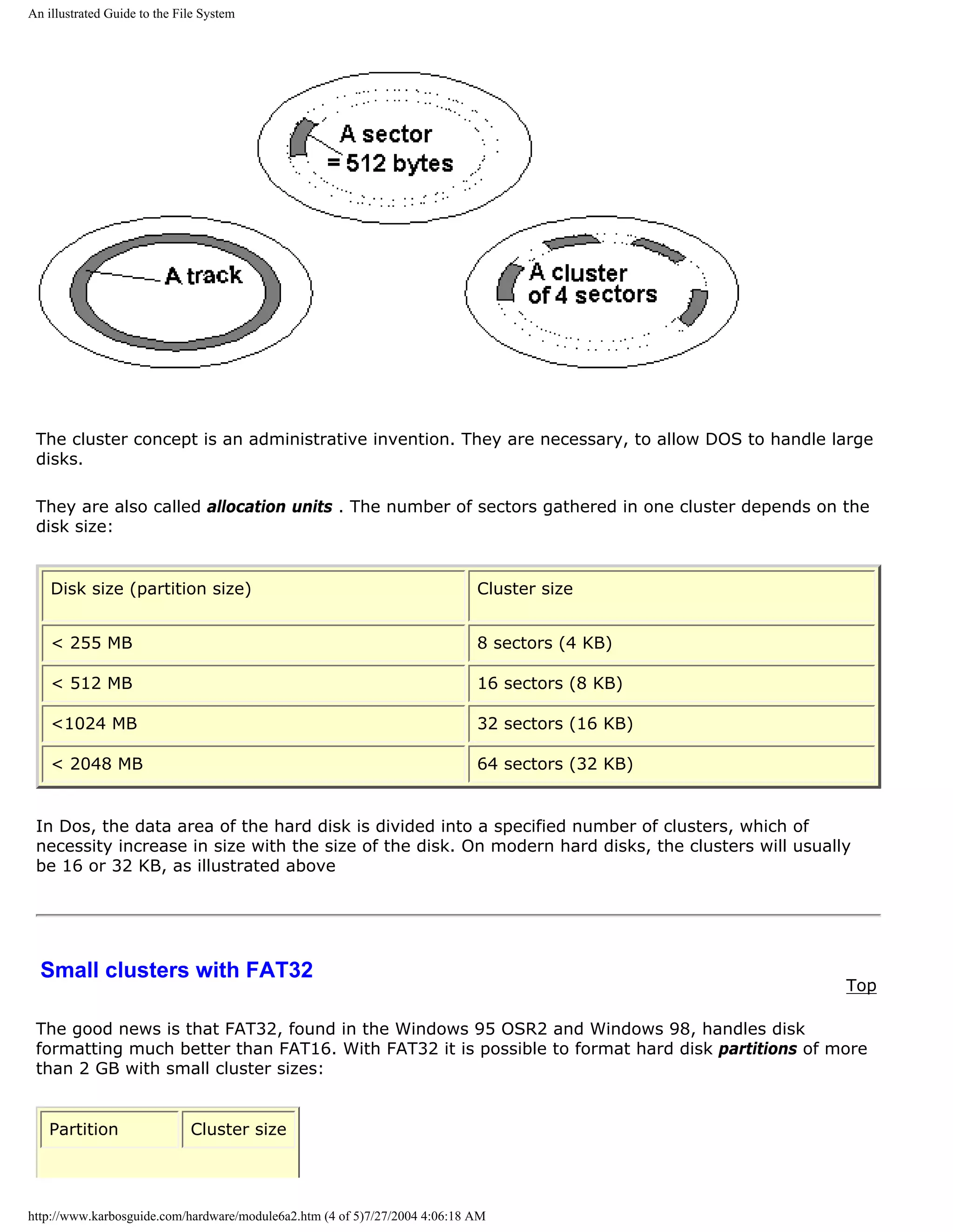 An illustrated Guide to the File System




 The cluster concept is an administrative invention. They are necessary, to allow DOS to handle large
 disks.

 They are also called allocation units . The number of sectors gathered in one cluster depends on the
 disk size:


    Disk size (partition size)                                              Cluster size


    < 255 MB                                                                8 sectors (4 KB)

    < 512 MB                                                                16 sectors (8 KB)

    <1024 MB                                                                32 sectors (16 KB)

    < 2048 MB                                                               64 sectors (32 KB)


 In Dos, the data area of the hard disk is divided into a specified number of clusters, which of
 necessity increase in size with the size of the disk. On modern hard disks, the clusters will usually
 be 16 or 32 KB, as illustrated above




  Small clusters with FAT32
                                                                                                     Top

 The good news is that FAT32, found in the Windows 95 OSR2 and Windows 98, handles disk
 formatting much better than FAT16. With FAT32 it is possible to format hard disk partitions of more
 than 2 GB with small cluster sizes:


   Partition                  Cluster size




http://www.karbosguide.com/hardware/module6a2.htm (4 of 5)7/27/2004 4:06:18 AM
 