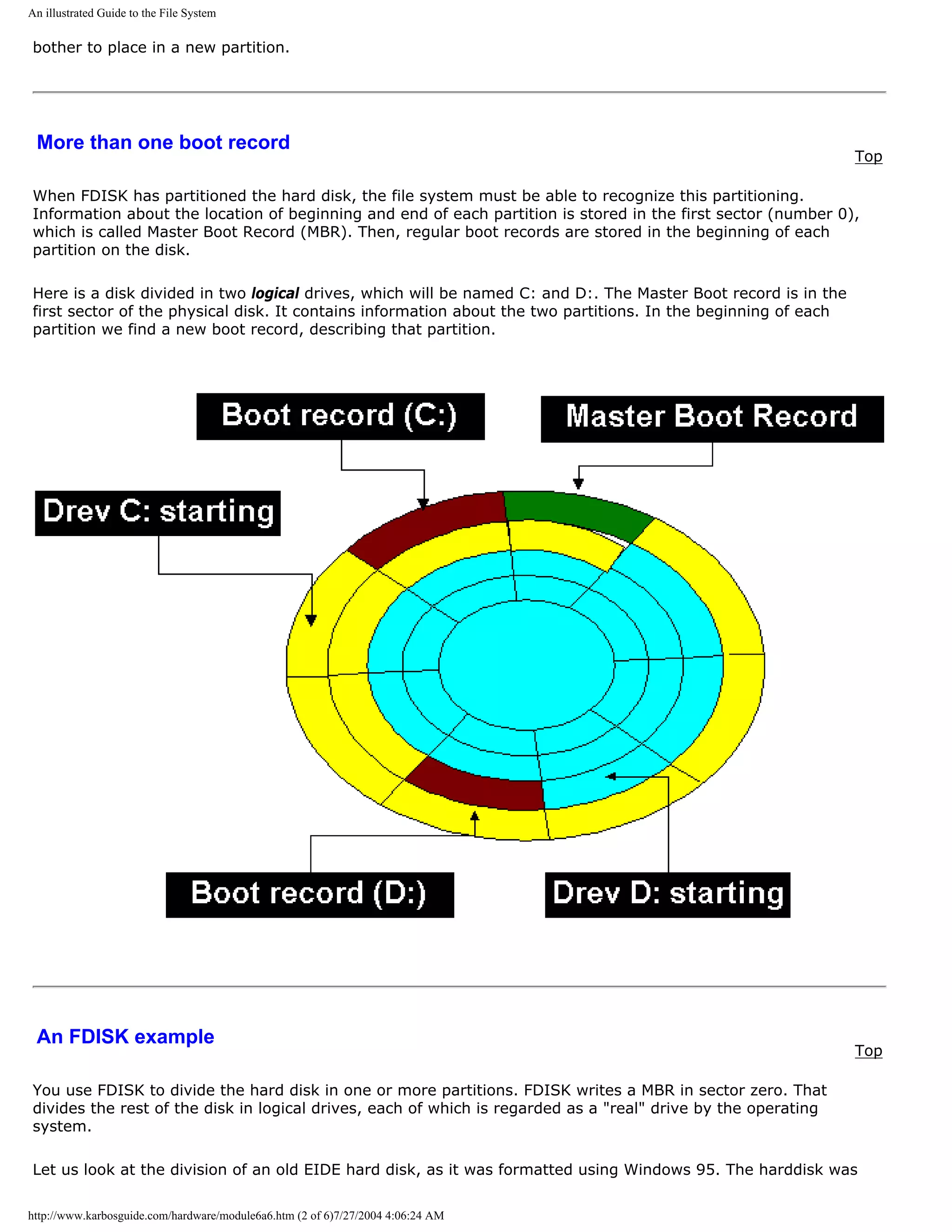 An illustrated Guide to the File System

bother to place in a new partition.




 More than one boot record
                                                                                                                Top

When FDISK has partitioned the hard disk, the file system must be able to recognize this partitioning.
Information about the location of beginning and end of each partition is stored in the first sector (number 0),
which is called Master Boot Record (MBR). Then, regular boot records are stored in the beginning of each
partition on the disk.

Here is a disk divided in two logical drives, which will be named C: and D:. The Master Boot record is in the
first sector of the physical disk. It contains information about the two partitions. In the beginning of each
partition we find a new boot record, describing that partition.




 An FDISK example
                                                                                                                Top

You use FDISK to divide the hard disk in one or more partitions. FDISK writes a MBR in sector zero. That
divides the rest of the disk in logical drives, each of which is regarded as a "real" drive by the operating
system.

Let us look at the division of an old EIDE hard disk, as it was formatted using Windows 95. The harddisk was

http://www.karbosguide.com/hardware/module6a6.htm (2 of 6)7/27/2004 4:06:24 AM
 