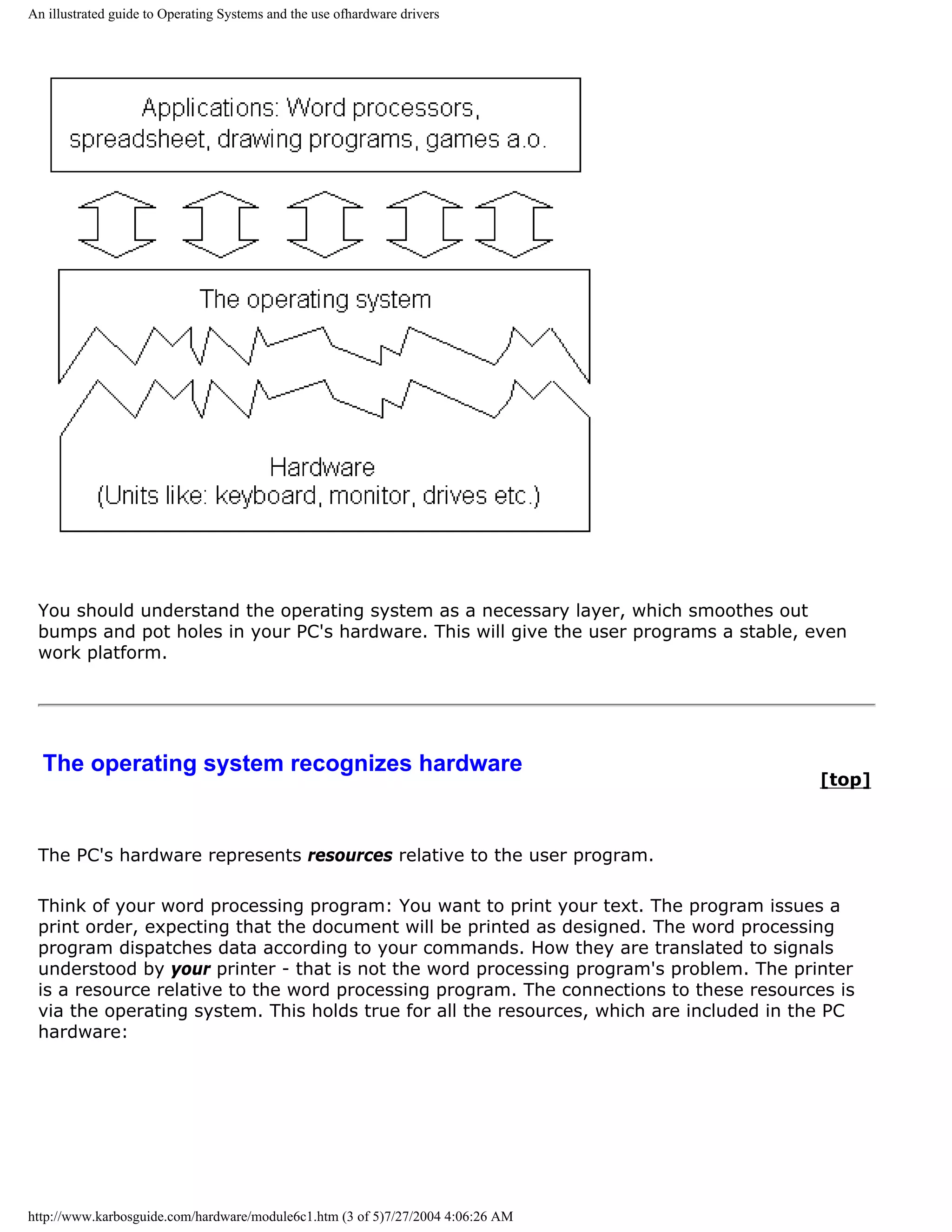 An illustrated guide to Operating Systems and the use ofhardware drivers




 You should understand the operating system as a necessary layer, which smoothes out
 bumps and pot holes in your PC's hardware. This will give the user programs a stable, even
 work platform.




  The operating system recognizes hardware
                                                                                          [top]



 The PC's hardware represents resources relative to the user program.

 Think of your word processing program: You want to print your text. The program issues a
 print order, expecting that the document will be printed as designed. The word processing
 program dispatches data according to your commands. How they are translated to signals
 understood by your printer - that is not the word processing program's problem. The printer
 is a resource relative to the word processing program. The connections to these resources is
 via the operating system. This holds true for all the resources, which are included in the PC
 hardware:




http://www.karbosguide.com/hardware/module6c1.htm (3 of 5)7/27/2004 4:06:26 AM
 