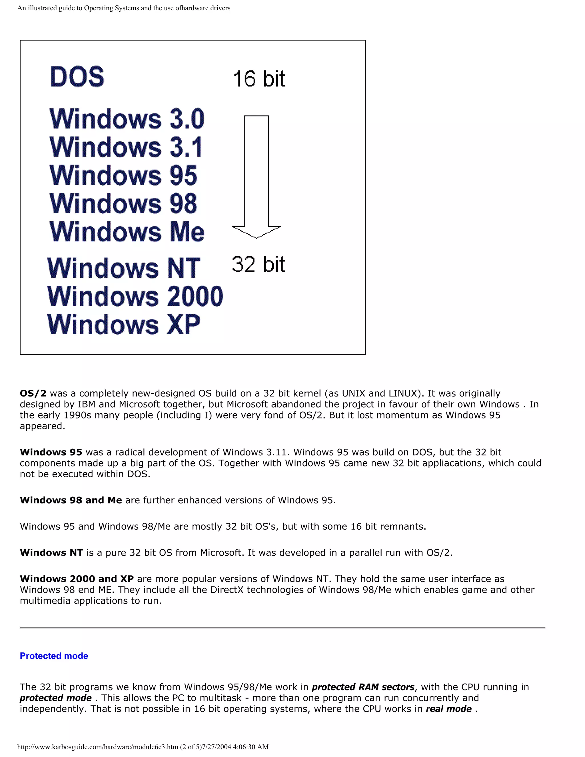 An illustrated guide to Operating Systems and the use ofhardware drivers




OS/2 was a completely new-designed OS build on a 32 bit kernel (as UNIX and LINUX). It was originally
designed by IBM and Microsoft together, but Microsoft abandoned the project in favour of their own Windows . In
the early 1990s many people (including I) were very fond of OS/2. But it lost momentum as Windows 95
appeared.

Windows 95 was a radical development of Windows 3.11. Windows 95 was build on DOS, but the 32 bit
components made up a big part of the OS. Together with Windows 95 came new 32 bit appliacations, which could
not be executed within DOS.

Windows 98 and Me are further enhanced versions of Windows 95.

Windows 95 and Windows 98/Me are mostly 32 bit OS's, but with some 16 bit remnants.

Windows NT is a pure 32 bit OS from Microsoft. It was developed in a parallel run with OS/2.

Windows 2000 and XP are more popular versions of Windows NT. They hold the same user interface as
Windows 98 end ME. They include all the DirectX technologies of Windows 98/Me which enables game and other
multimedia applications to run.




Protected mode


The 32 bit programs we know from Windows 95/98/Me work in protected RAM sectors, with the CPU running in
protected mode . This allows the PC to multitask - more than one program can run concurrently and
independently. That is not possible in 16 bit operating systems, where the CPU works in real mode .



http://www.karbosguide.com/hardware/module6c3.htm (2 of 5)7/27/2004 4:06:30 AM
 
