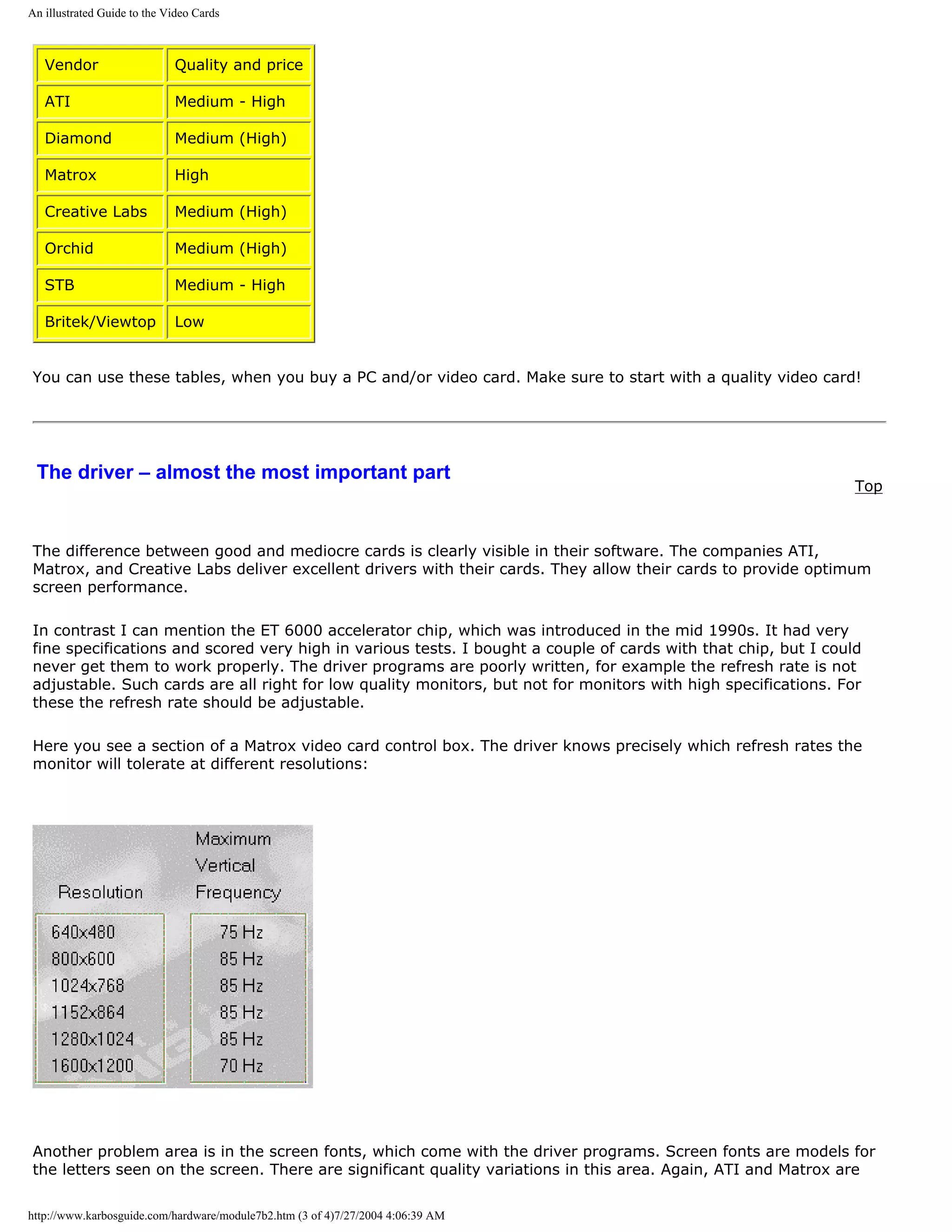 An illustrated Guide to the Video Cards



   Vendor                    Quality and price

   ATI                       Medium - High

   Diamond                   Medium (High)

   Matrox                    High

   Creative Labs             Medium (High)

   Orchid                    Medium (High)

   STB                       Medium - High

   Britek/Viewtop            Low


You can use these tables, when you buy a PC and/or video card. Make sure to start with a quality video card!




 The driver – almost the most important part
                                                                                                                Top



The difference between good and mediocre cards is clearly visible in their software. The companies ATI,
Matrox, and Creative Labs deliver excellent drivers with their cards. They allow their cards to provide optimum
screen performance.

In contrast I can mention the ET 6000 accelerator chip, which was introduced in the mid 1990s. It had very
fine specifications and scored very high in various tests. I bought a couple of cards with that chip, but I could
never get them to work properly. The driver programs are poorly written, for example the refresh rate is not
adjustable. Such cards are all right for low quality monitors, but not for monitors with high specifications. For
these the refresh rate should be adjustable.

Here you see a section of a Matrox video card control box. The driver knows precisely which refresh rates the
monitor will tolerate at different resolutions:




Another problem area is in the screen fonts, which come with the driver programs. Screen fonts are models for
the letters seen on the screen. There are significant quality variations in this area. Again, ATI and Matrox are

http://www.karbosguide.com/hardware/module7b2.htm (3 of 4)7/27/2004 4:06:39 AM
 