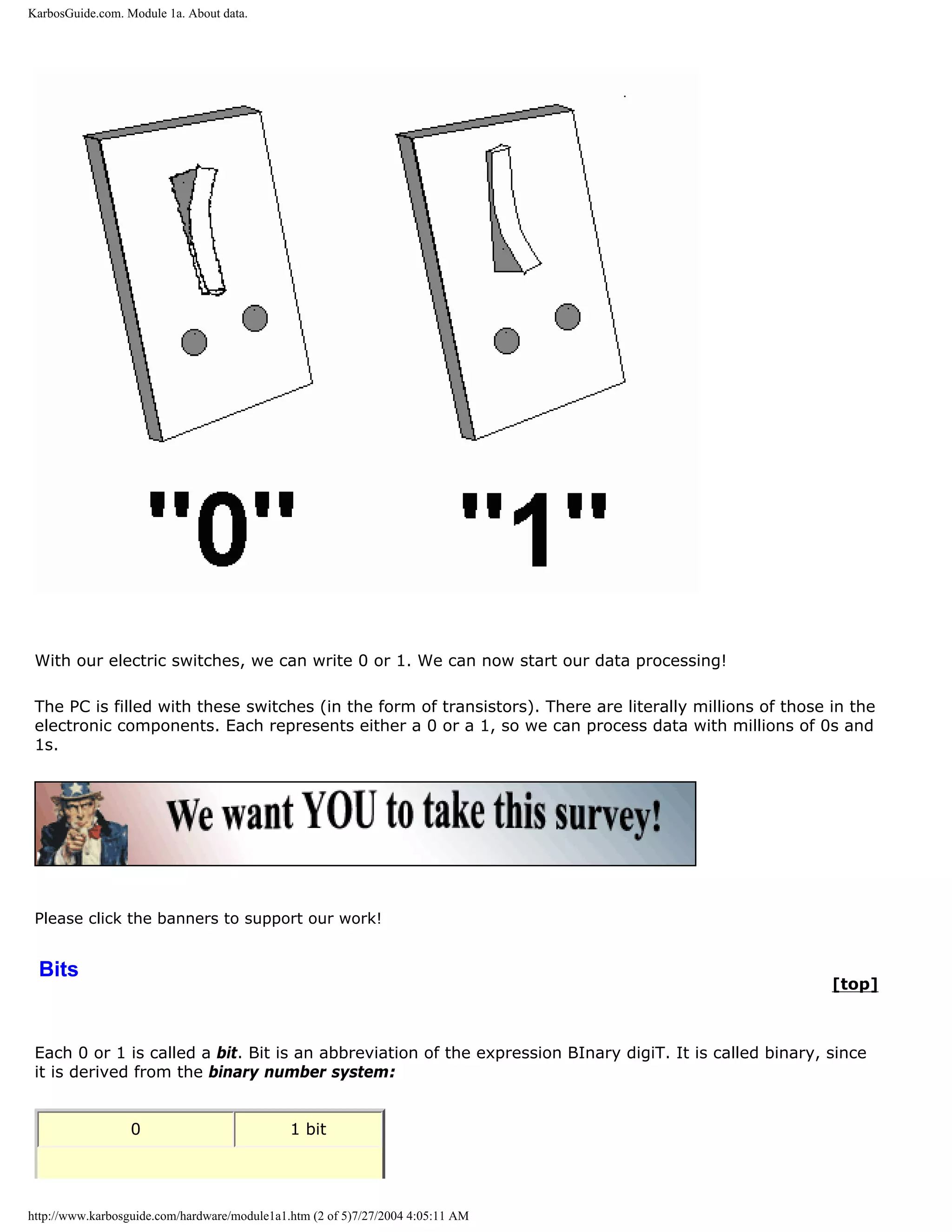 KarbosGuide.com. Module 1a. About data.




 With our electric switches, we can write 0 or 1. We can now start our data processing!

 The PC is filled with these switches (in the form of transistors). There are literally millions of those in the
 electronic components. Each represents either a 0 or a 1, so we can process data with millions of 0s and
 1s.




 Please click the banners to support our work!


 Bits
                                                                                                          [top]



 Each 0 or 1 is called a bit. Bit is an abbreviation of the expression BInary digiT. It is called binary, since
 it is derived from the binary number system:


                  0                           1 bit




http://www.karbosguide.com/hardware/module1a1.htm (2 of 5)7/27/2004 4:05:11 AM
 