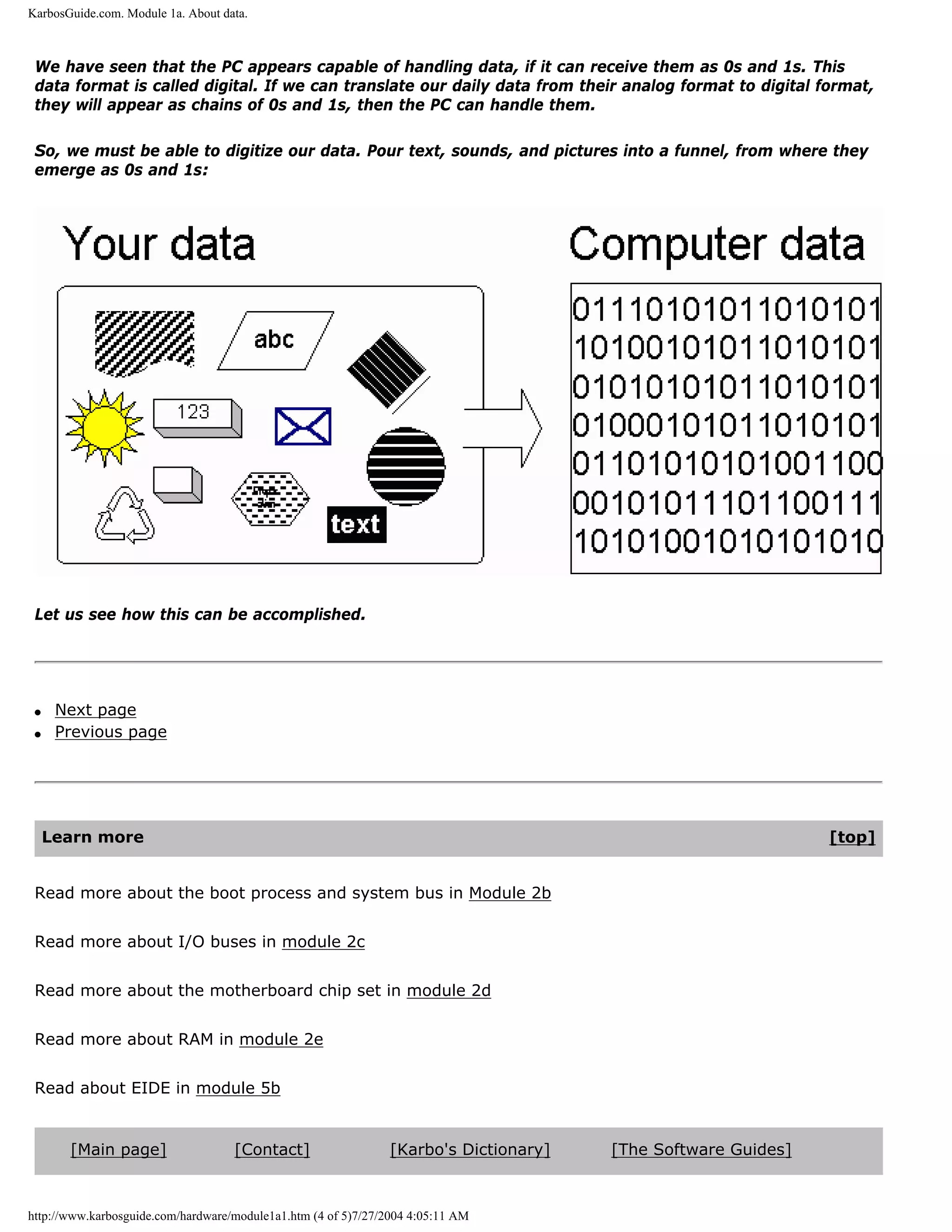 KarbosGuide.com. Module 1a. About data.



 We have seen that the PC appears capable of handling data, if it can receive them as 0s and 1s. This
 data format is called digital. If we can translate our daily data from their analog format to digital format,
 they will appear as chains of 0s and 1s, then the PC can handle them.

 So, we must be able to digitize our data. Pour text, sounds, and pictures into a funnel, from where they
 emerge as 0s and 1s:




 Let us see how this can be accomplished.




 q    Next page
 q    Previous page




     Learn more                                                                                                [top]


 Read more about the boot process and system bus in Module 2b


 Read more about I/O buses in module 2c


 Read more about the motherboard chip set in module 2d


 Read more about RAM in module 2e


 Read about EIDE in module 5b


       [Main page]                  [Contact]                   [Karbo's Dictionary]   [The Software Guides]



http://www.karbosguide.com/hardware/module1a1.htm (4 of 5)7/27/2004 4:05:11 AM
 