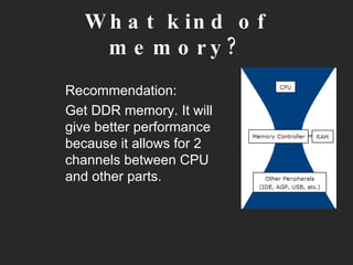What kind of memory? Recommendation:  Get DDR memory. It will give better performance because it allows for 2 channels between CPU and other parts.  