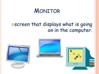 STORAGERefers to the ability of computer to store and retain data in their memories		Types of MemoryVolatile memory - refers to computer memory that requires electric power to maintain stored data.			ex. Random-access memory (RAM)2. Non-volatile memory – retains data even if electric is cut off.			ex. hard disks, floppy disks, and CD ROMs