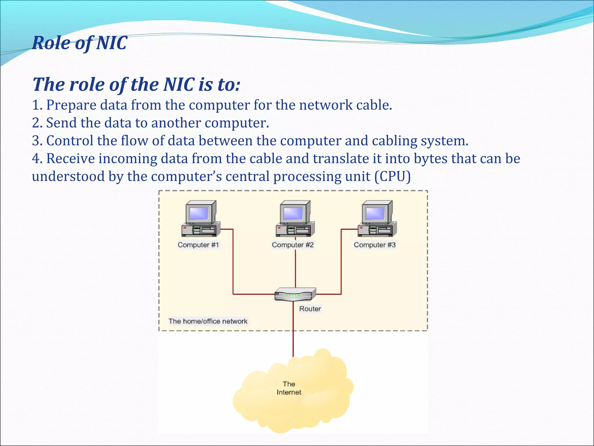 Role of NIC
The role of the NIC is to:
1. Prepare data from the computer for the network cable.
2. Send the data to another computer.
3. Control the flow of data between the computer and cabling system.
4. Receive incoming data from the cable and translate it into bytes that can be
understood by the computer’s central processing unit (CPU)
 