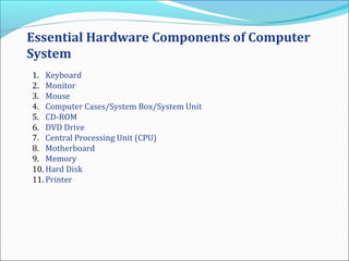 Essential Hardware Components of Computer
System
1. Keyboard
2. Monitor
3. Mouse
4. Computer Cases/System Box/System Unit
5. CD-ROM
6. DVD Drive
7. Central Processing Unit (CPU)
8. Motherboard
9. Memory
10. Hard Disk
11. Printer
 