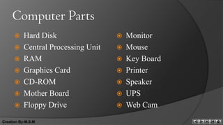 Computer Parts
          Hard Disk                    Monitor
          Central Processing Unit      Mouse
          RAM                          Key Board
          Graphics Card                Printer
          CD-ROM                       Speaker
          Mother Board                 UPS
          Floppy Drive                 Web Cam
Creation By:M.S.M
 