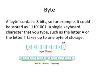 Byte 
A 'byte' contains 8 bits, so for example, it could 
be stored as 11101001. A single keyboard 
character that you type, such as the letter A or 
the letter T takes up to one byte of storage. 
 