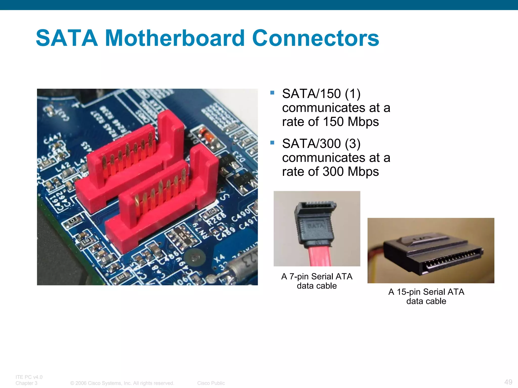 SATA Motherboard Connectors SATA/150 (1) communicates at a rate of 150 Mbps SATA/300 (3) communicates at a rate of 300 Mbps   A 7-pin Serial ATA data cable   A 15-pin Serial ATA data cable 