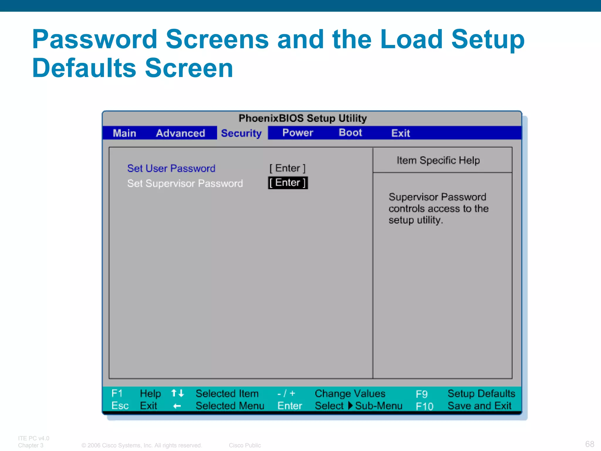 Password Screens and the Load Setup Defaults Screen  