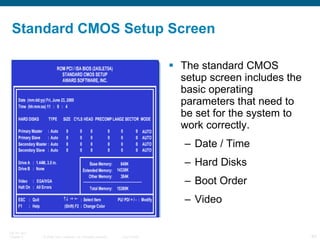 Standard CMOS Setup Screen The standard CMOS setup screen includes the basic operating parameters that need to be set for the system to work correctly . Date / Time Hard Disks Boot Order Video 
