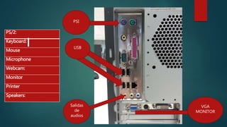 PS/2:
Keyboard:
Mouse
Microphone
Webcam:
Monitor
Printer
Speakers:
USB
PSI
VGA
MONITOR
Salidas
de
audios
 