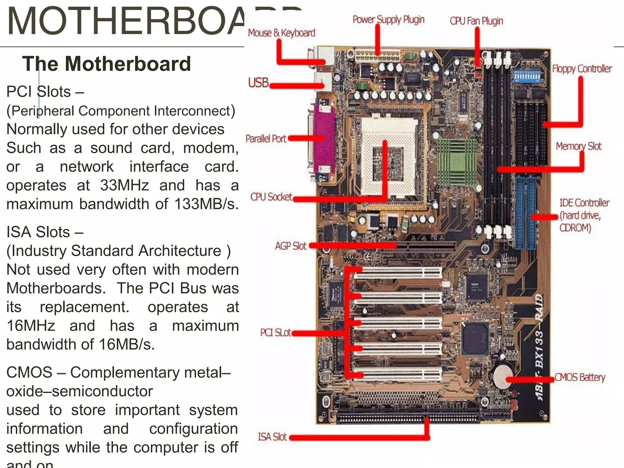 MOTHERBOARD
The Motherboard
PCI Slots –
(Peripheral Component Interconnect)
Normally used for other devices
Such as a sound card, modem,
or a network interface card.
operates at 33MHz and has a
maximum bandwidth of 133MB/s.
ISA Slots –
(Industry Standard Architecture )
Not used very often with modern
Motherboards. The PCI Bus was
its replacement. operates at
16MHz and has a maximum
bandwidth of 16MB/s.
CMOS – Complementary metal–
oxide–semiconductor
used to store important system
information and configuration
settings while the computer is off
 