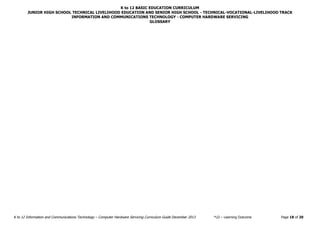 K to 12 BASIC EDUCATION CURRICULUM
JUNIOR HIGH SCHOOL TECHNICAL LIVELIHOOD EDUCATION AND SENIOR HIGH SCHOOL - TECHNICAL-VOCATIONAL-LIVELIHOOD TRACK
INFORMATION AND COMMUNICATIONS TECHNOLOGY - COMPUTER HARDWARE SERVICING
K to 12 Information and Communications Technology – Computer Hardware Servicing Curriculum Guide December 2013 *LO – Learning Outcome Page 18 of 20
GLOSSARY
 