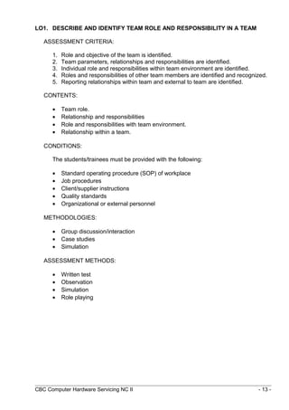 LO1. DESCRIBE AND IDENTIFY TEAM ROLE AND RESPONSIBILITY IN A TEAM
ASSESSMENT CRITERIA:
1. Role and objective of the team is identified.
2. Team parameters, relationships and responsibilities are identified.
3. Individual role and responsibilities within team environment are identified.
4. Roles and responsibilities of other team members are identified and recognized.
5. Reporting relationships within team and external to team are identified.
CONTENTS:
• Team role.
• Relationship and responsibilities
• Role and responsibilities with team environment.
• Relationship within a team.
CONDITIONS:
The students/trainees must be provided with the following:
• Standard operating procedure (SOP) of workplace
• Job procedures
• Client/supplier instructions
• Quality standards
• Organizational or external personnel
METHODOLOGIES:
• Group discussion/interaction
• Case studies
• Simulation
ASSESSMENT METHODS:
• Written test
• Observation
• Simulation
• Role playing
CBC Computer Hardware Servicing NC II - 13 -
 