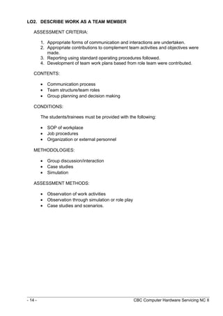 LO2. DESCRIBE WORK AS A TEAM MEMBER
ASSESSMENT CRITERIA:
1. Appropriate forms of communication and interactions are undertaken.
2. Appropriate contributions to complement team activities and objectives were
made.
3. Reporting using standard operating procedures followed.
4. Development of team work plans based from role team were contributed.
CONTENTS:
• Communication process
• Team structure/team roles
• Group planning and decision making
CONDITIONS:
The students/trainees must be provided with the following:
• SOP of workplace
• Job procedures
• Organization or external personnel
METHODOLOGIES:
• Group discussion/interaction
• Case studies
• Simulation
ASSESSMENT METHODS:
• Observation of work activities
• Observation through simulation or role play
• Case studies and scenarios.
- 14 - CBC Computer Hardware Servicing NC II
 