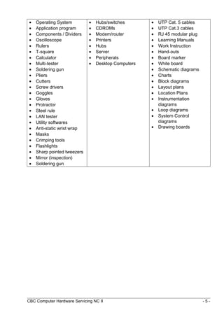 • Operating System
• Application program
• Components / Dividers
• Oscilloscope
• Rulers
• T-square
• Calculator
• Multi-tester
• Soldering gun
• Pliers
• Cutters
• Screw drivers
• Goggles
• Gloves
• Protractor
• Steel rule
• LAN tester
• Utility softwares
• Anti-static wrist wrap
• Masks
• Crimping tools
• Flashlights
• Sharp pointed tweezers
• Mirror (inspection)
• Soldering gun
• Hubs/switches
• CDROMs
• Modem/router
• Printers
• Hubs
• Server
• Peripherals
• Desktop Computers
• UTP Cat. 5 cables
• UTP Cat.3 cables
• RJ 45 modular plug
• Learning Manuals
• Work Instruction
• Hand-outs
• Board marker
• White board
• Schematic diagrams
• Charts
• Block diagrams
• Layout plans
• Location Plans
• Instrumentation
diagrams
• Loop diagrams
• System Control
diagrams
• Drawing boards
CBC Computer Hardware Servicing NC II - 5 -
 