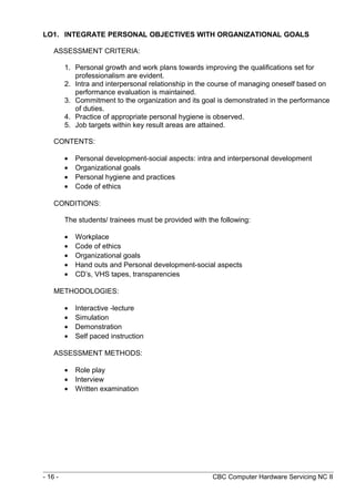 LO1. INTEGRATE PERSONAL OBJECTIVES WITH ORGANIZATIONAL GOALS
ASSESSMENT CRITERIA:
1. Personal growth and work plans towards improving the qualifications set for
professionalism are evident.
2. Intra and interpersonal relationship in the course of managing oneself based on
performance evaluation is maintained.
3. Commitment to the organization and its goal is demonstrated in the performance
of duties.
4. Practice of appropriate personal hygiene is observed.
5. Job targets within key result areas are attained.
CONTENTS:
• Personal development-social aspects: intra and interpersonal development
• Organizational goals
• Personal hygiene and practices
• Code of ethics
CONDITIONS:
The students/ trainees must be provided with the following:
• Workplace
• Code of ethics
• Organizational goals
• Hand outs and Personal development-social aspects
• CD’s, VHS tapes, transparencies
METHODOLOGIES:
• Interactive -lecture
• Simulation
• Demonstration
• Self paced instruction
ASSESSMENT METHODS:
• Role play
• Interview
• Written examination
- 16 - CBC Computer Hardware Servicing NC II
 