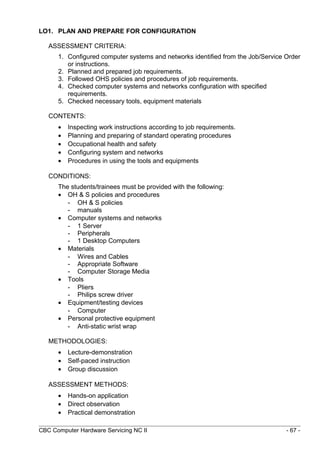 LO1. PLAN AND PREPARE FOR CONFIGURATION
ASSESSMENT CRITERIA:
1. Configured computer systems and networks identified from the Job/Service Order
or instructions.
2. Planned and prepared job requirements.
3. Followed OHS policies and procedures of job requirements.
4. Checked computer systems and networks configuration with specified
requirements.
5. Checked necessary tools, equipment materials
CONTENTS:
• Inspecting work instructions according to job requirements.
• Planning and preparing of standard operating procedures
• Occupational health and safety
• Configuring system and networks
• Procedures in using the tools and equipments
CONDITIONS:
The students/trainees must be provided with the following:
• OH & S policies and procedures
- OH & S policies
- manuals
• Computer systems and networks
- 1 Server
- Peripherals
- 1 Desktop Computers
• Materials
- Wires and Cables
- Appropriate Software
- Computer Storage Media
• Tools
- Pliers
- Philips screw driver
• Equipment/testing devices
- Computer
• Personal protective equipment
- Anti-static wrist wrap
METHODOLOGIES:
• Lecture-demonstration
• Self-paced instruction
• Group discussion
ASSESSMENT METHODS:
• Hands-on application
• Direct observation
• Practical demonstration
CBC Computer Hardware Servicing NC II - 67 -
 