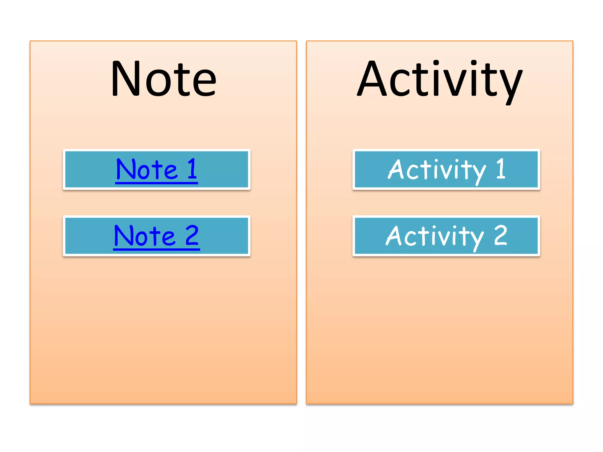 Note     Activity
Note 1    Activity 1

Note 2    Activity 2
 