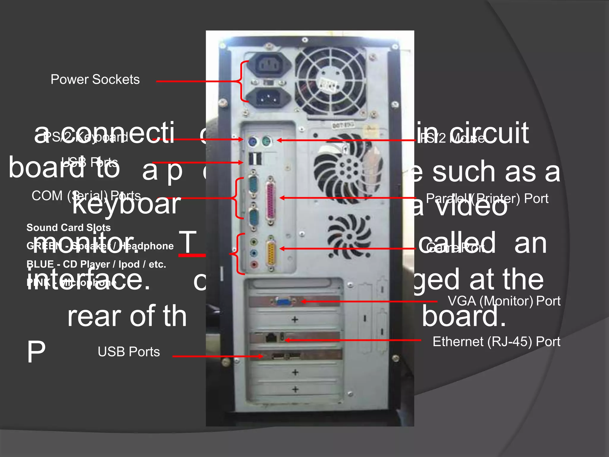 a p
monitor. T
interface.
P
ged at the
Ports
on from the ma
eripheral devic
d, a printer or
he port is also
orts are arran e
main circuit board.
boarU
dSB P
tor
ots
rear of th
USB Ports
Ethernet (RJ-45) Port
COM (S
ker
eial)
yP
borts
oar
Power Sockets
Sound Card Slots
GREEN - Speaker / Headphone
BLUE - CD Player / Ipod / etc.
PINK - Microphone
VGA (Monitor) Port
aPSc/2 Koeynbonardecti iPnS/2 cMoiursecuit
e such as a
aP
vara
ill
del (
ePri
onter) Port
cGaamlelPeordt an
 