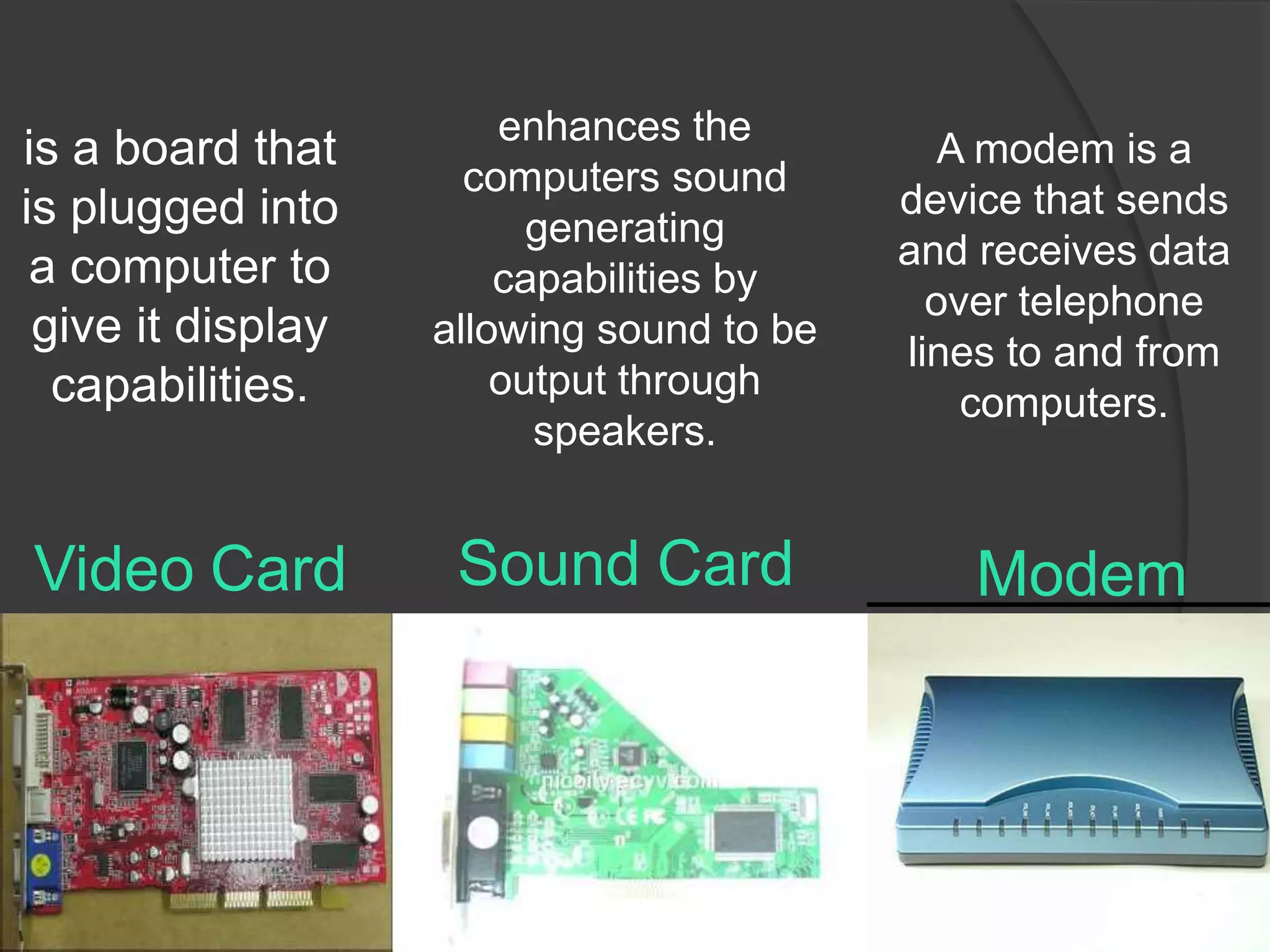 Sound Card ModemVideo Card
is a board that
is plugged into
a computer to
give it display
capabilities.
enhances the
computers sound
generating
capabilities by
allowing sound to be
output through
speakers.
A modem is a
device that sends
and receives data
over telephone
lines to and from
computers.
 