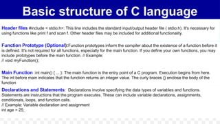 Basic structure of C language
Header files #include < stdio.h>: This line includes the standard input/output header file ( stdio.h). It's necessary for
using functions like print f and scan f. Other header files may be included for additional functionality.
Function Prototype (Optional):Function prototypes inform the compiler about the existence of a function before it
is defined. It's not required for all functions, especially for the main function. If you define your own functions, you may
include prototypes before the main function. // Example:
// void myFunction();
Main Function :int main() { ... }: The main function is the entry point of a C program. Execution begins from here.
The int before main indicates that the function returns an integer value. The curly braces {} enclose the body of the
function
Declarations and Statements: Declarations involve specifying the data types of variables and functions.
Statements are instructions that the program executes. These can include variable declarations, assignments,
conditionals, loops, and function calls.
// Example: Variable declaration and assignment
int age = 25;
 