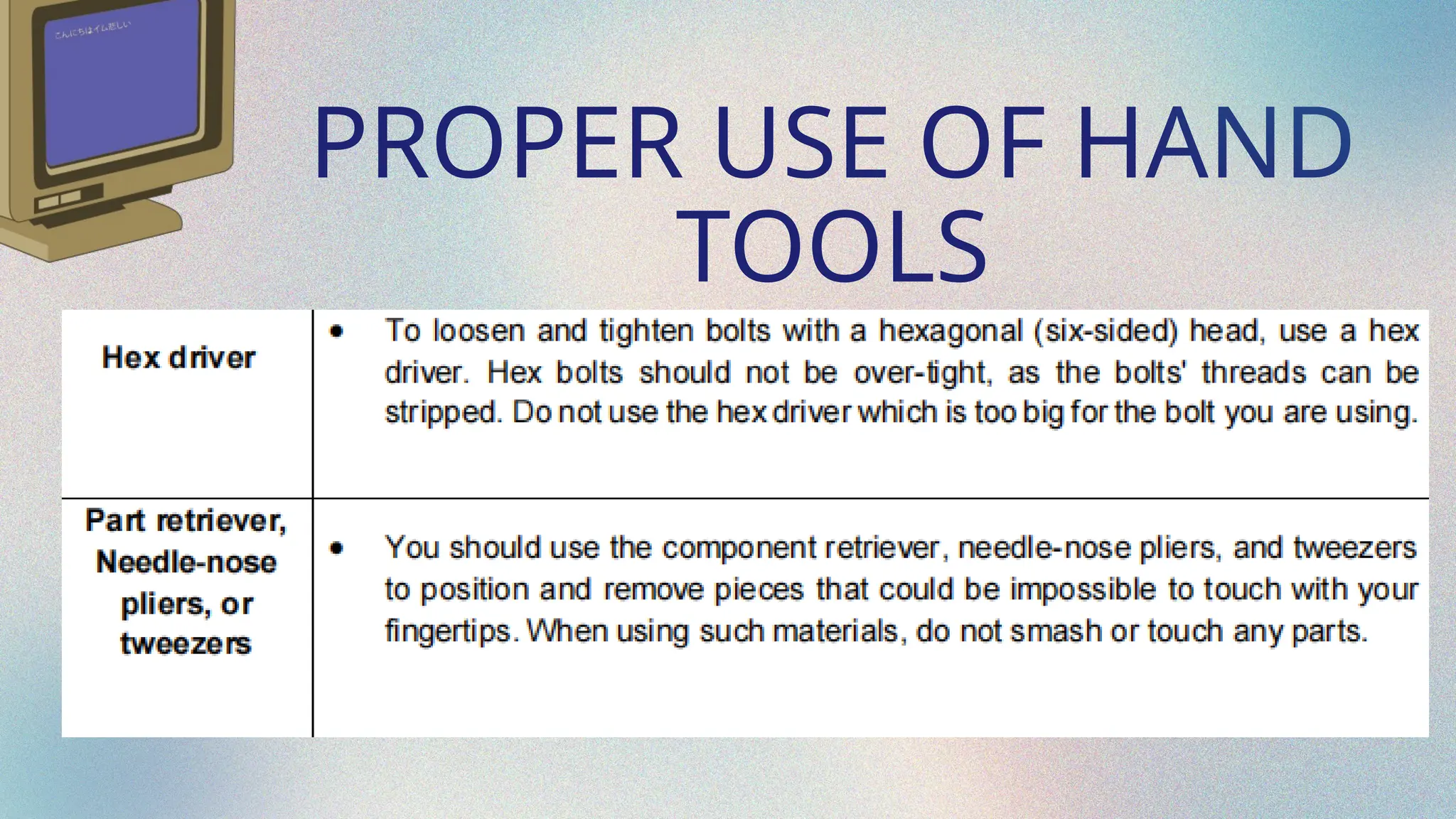 PROPER USE OF HAND
TOOLS
 