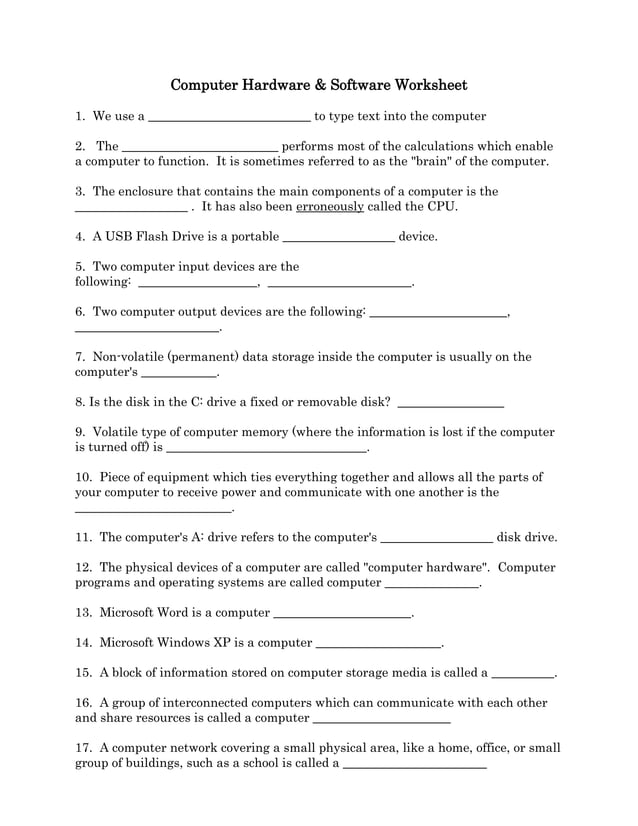 Computer hardware worksheet PDF