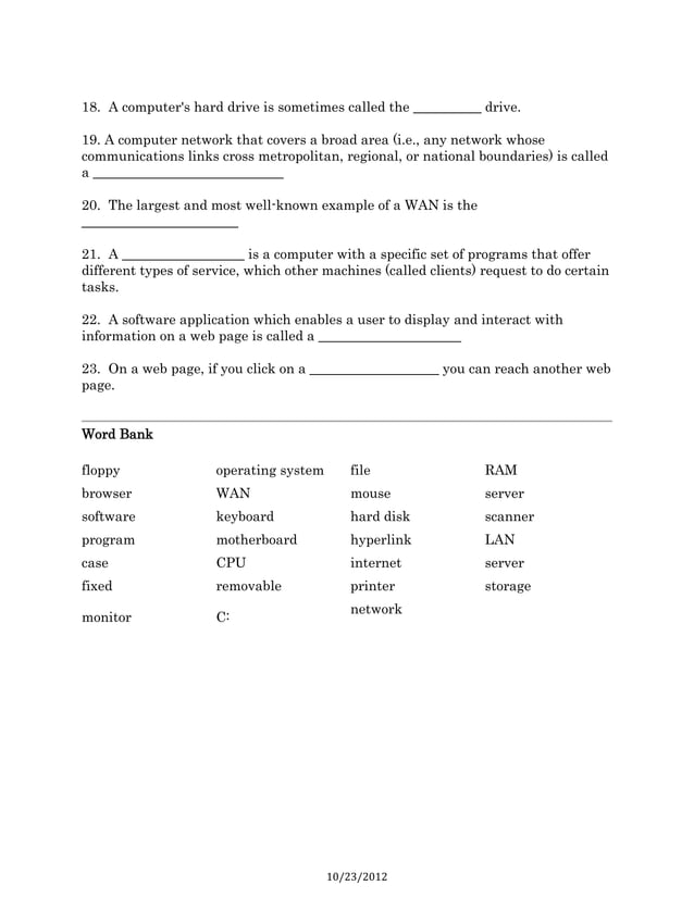 Computer hardware worksheet PDF