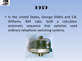 1939 In the United States, George Stibitz and S.B. Williams, Bell Labs, built a calculator automatic sequence that switches used ordinary telephone switching systems. 