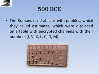 500 BCE The Romans used abacus with pebbles, which they called estimates, which were displaced on a table with encrypted channels with their numbers (I, V, X, L, C, D, M). 