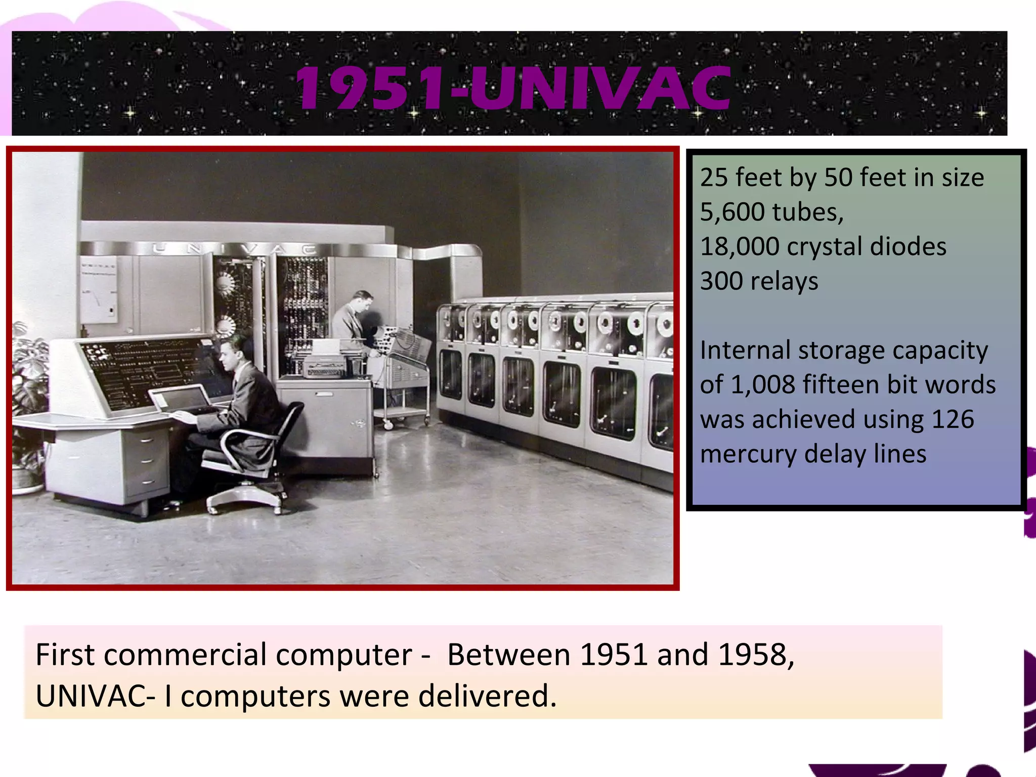 March 13, 2017 30
1951-UNIVAC
25 feet by 50 feet in size
5,600 tubes,
18,000 crystal diodes
300 relays
Internal storage capacity
of 1,008 fifteen bit words
was achieved using 126
mercury delay lines
First commercial computer - Between 1951 and 1958,
UNIVAC- I computers were delivered.
 